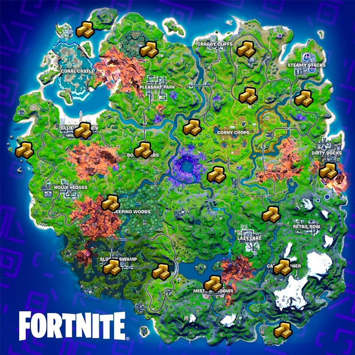 Todas las ubicaciones del tablero de recompensas marcadas en el mapa de la temporada 8 de Fortnite