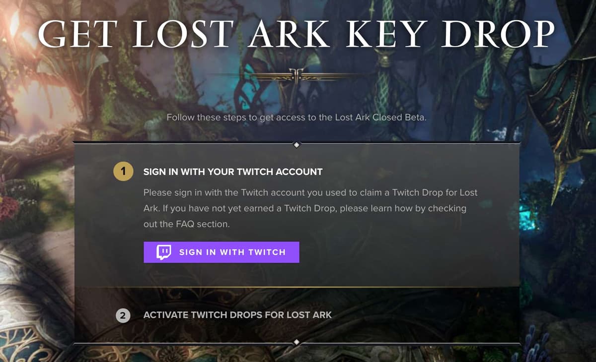 Pantalla de registro de Lost Ark Twitch drops