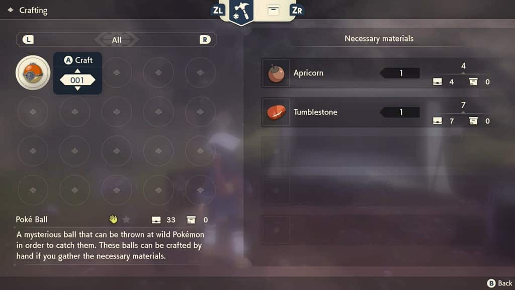 pokemon legends arceus craft screen con poke ball