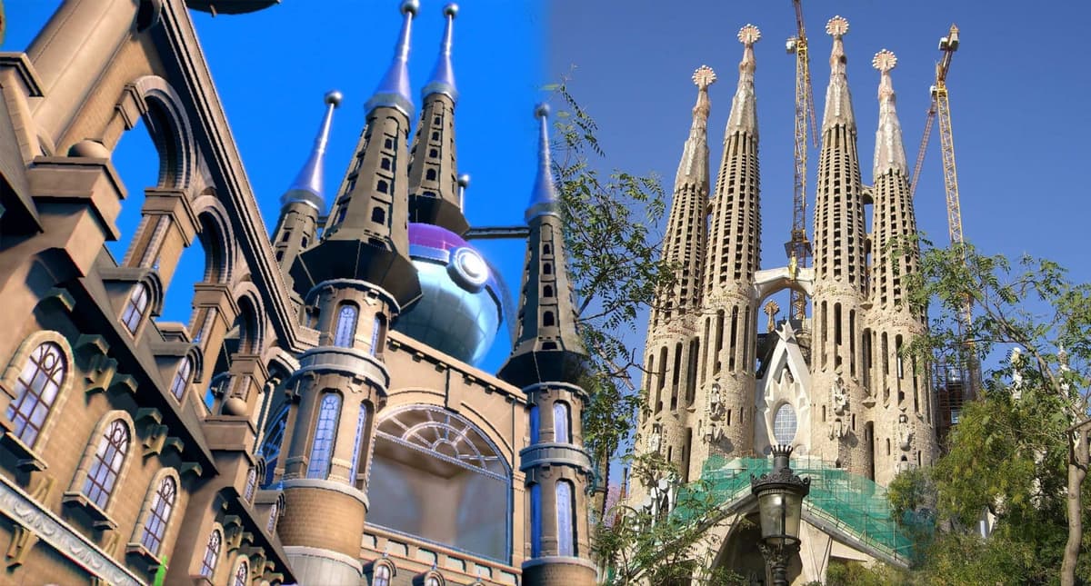 Captura de pantalla de la ciudad de Pokémon Escarlata y Violeta junto a la iglesia de La Sagrada Familia en España.