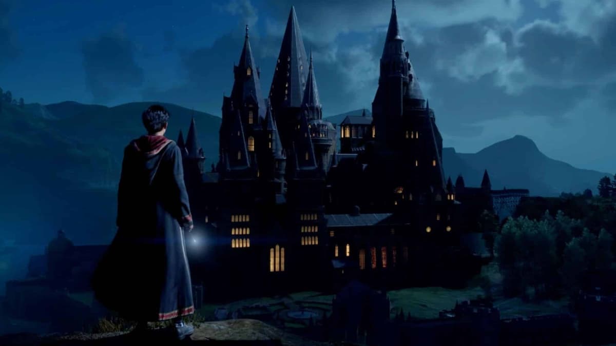 Jugador frente al castillo de Hogwarts