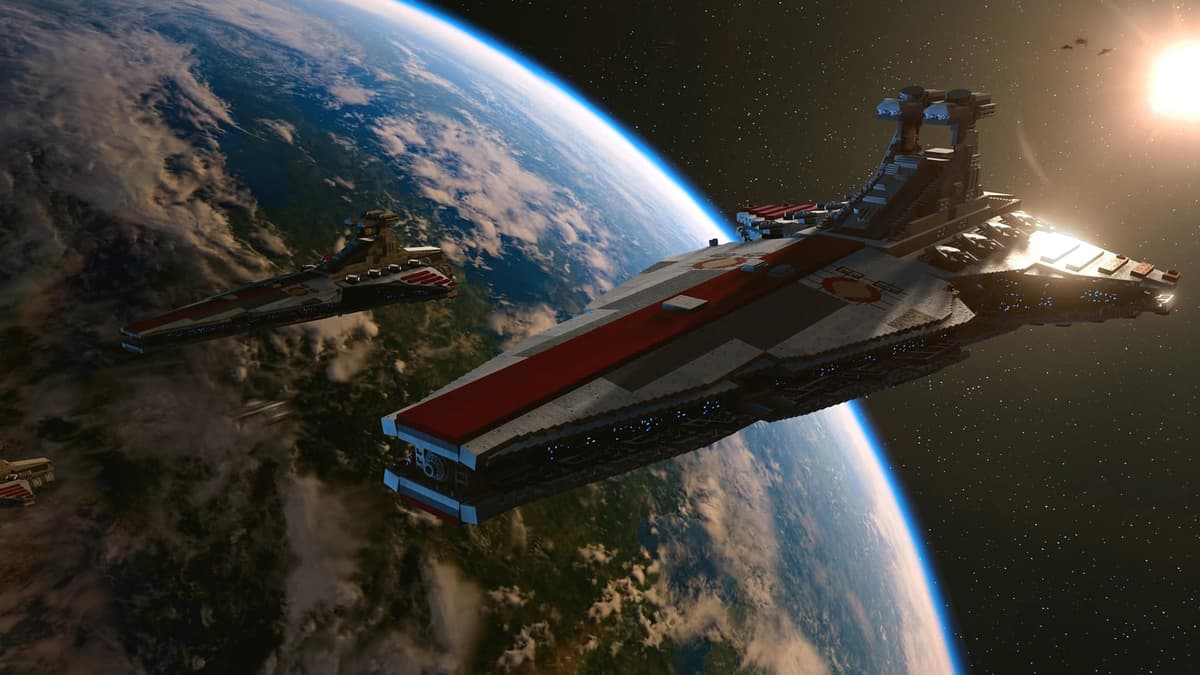 La nave espacial Lego Star Wars The Skywalker Saga vuela sobre la Tierra como un planeta