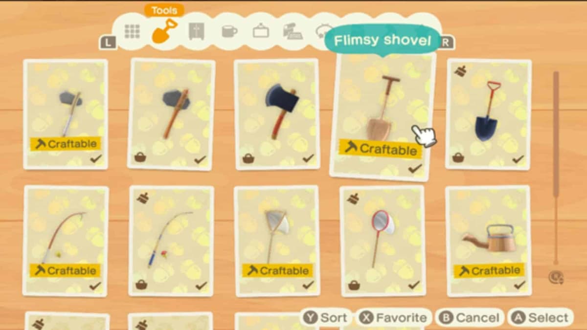 menú de elaboración de Animal Crossing