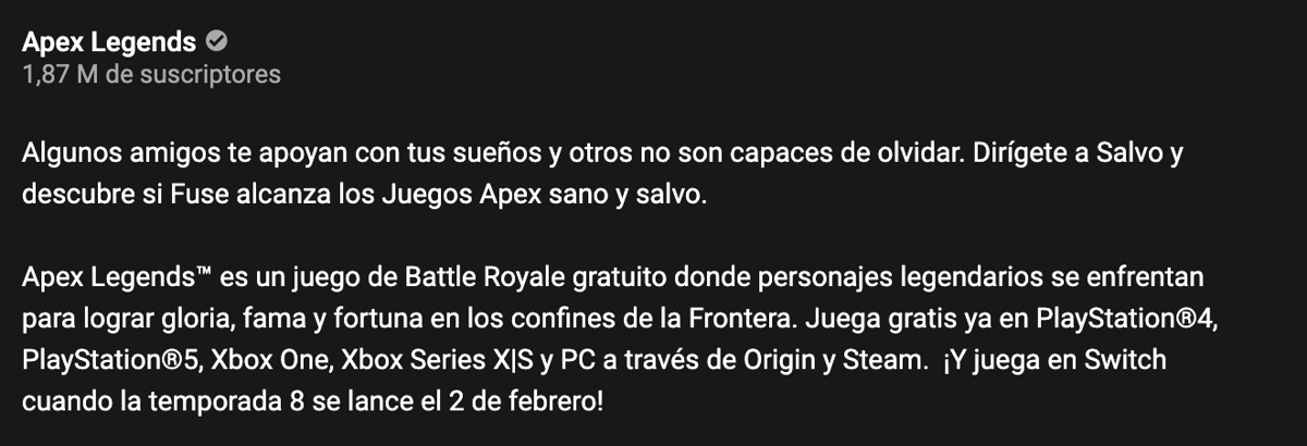 Descripción Apex Legends YouTube